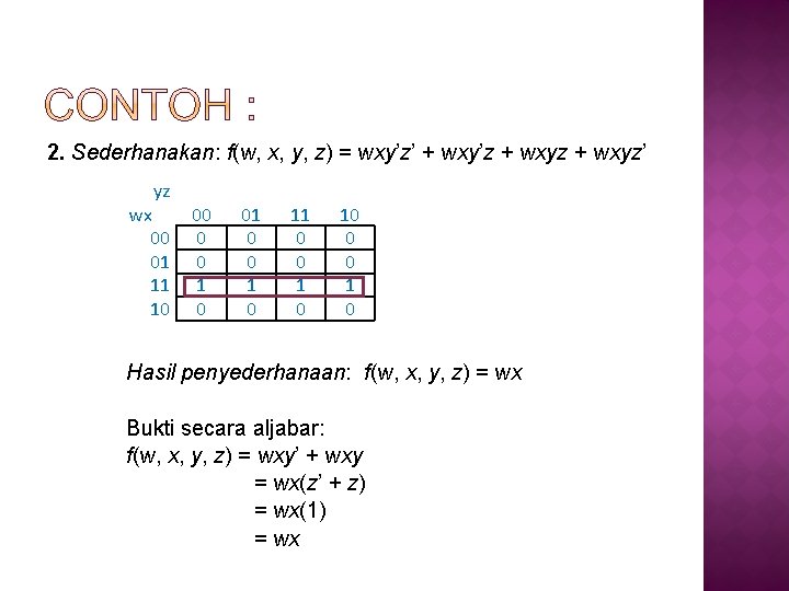 2. Sederhanakan: f(w, x, y, z) = wxy’z’ + wxy’z + wxyz’ yz wx