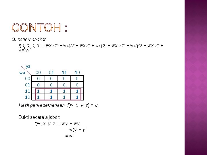 3. sederhanakan: f(a, b, c, d) = wxy’z’ + wxy’z + wxyz’ + wx’y’z