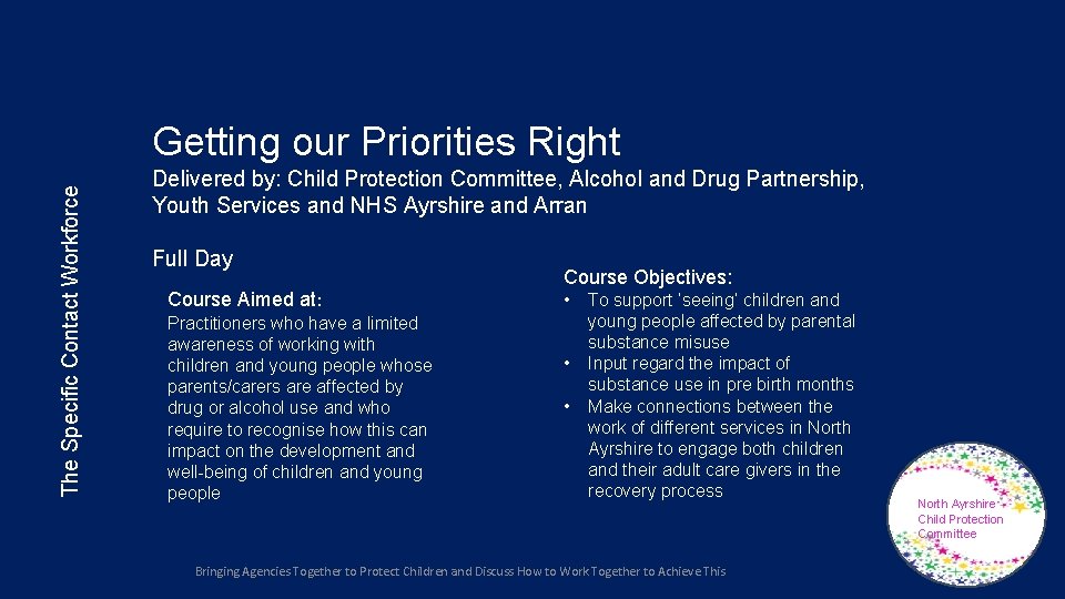 The Specific Contact Workforce Getting our Priorities Right Delivered by: Child Protection Committee, Alcohol