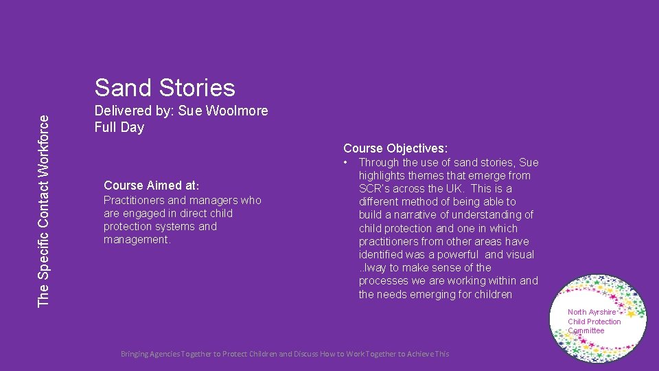 The Specific Contact Workforce Sand Stories Delivered by: Sue Woolmore Full Day Course Objectives: