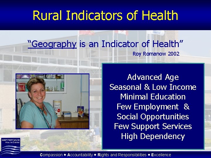 Rural Indicators of Health “Geography is an Indicator of Health” Roy Romanow 2002 Advanced