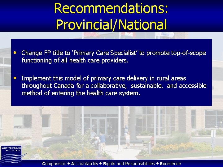 Recommendations: Provincial/National • Change FP title to ‘Primary Care Specialist’ to promote top-of-scope functioning