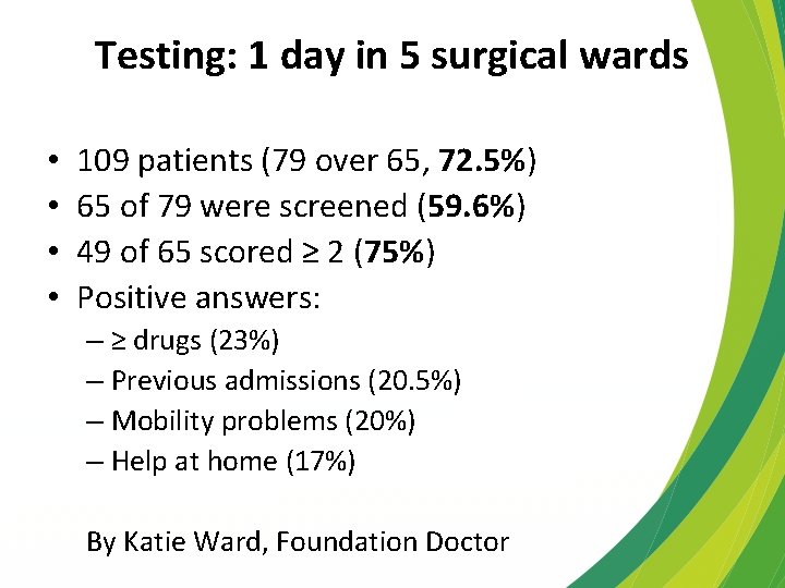 Testing: 1 day in 5 surgical wards • • 109 patients (79 over 65,