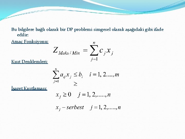 Bu bilgilere bağlı olarak bir DP problemi simgesel olarak aşağıdaki gibi ifade edilir: Amaç