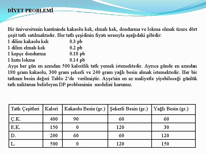 DİYET PROBLEMİ Bir üniversitenin kantininde kakaolu kek, elmalı kek, dondurma ve lokma olmak üzere