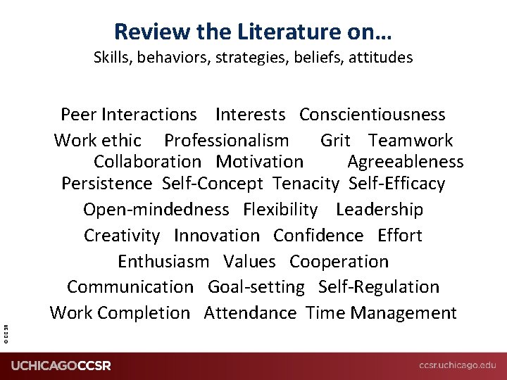 Review the Literature on… © CCSR Skills, behaviors, strategies, beliefs, attitudes Peer Interactions Interests