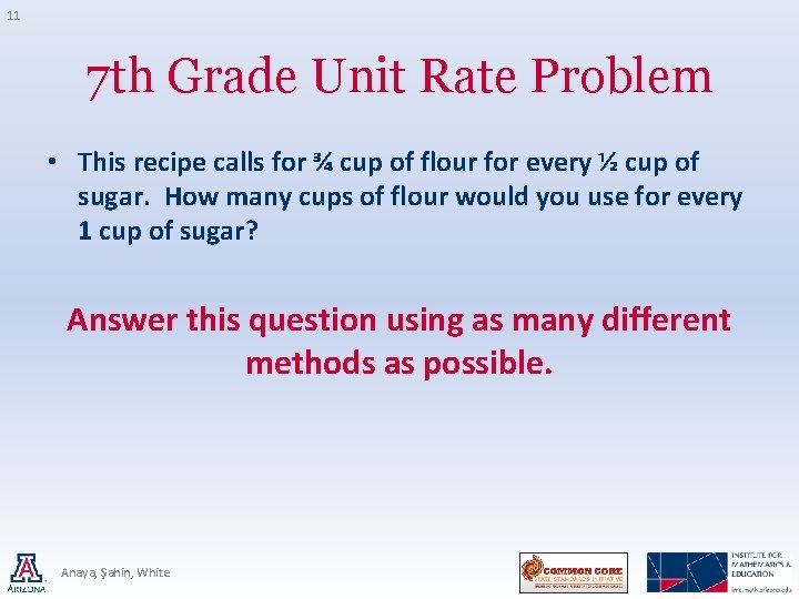 11 7 th Grade Unit Rate Problem • This recipe calls for ¾ cup