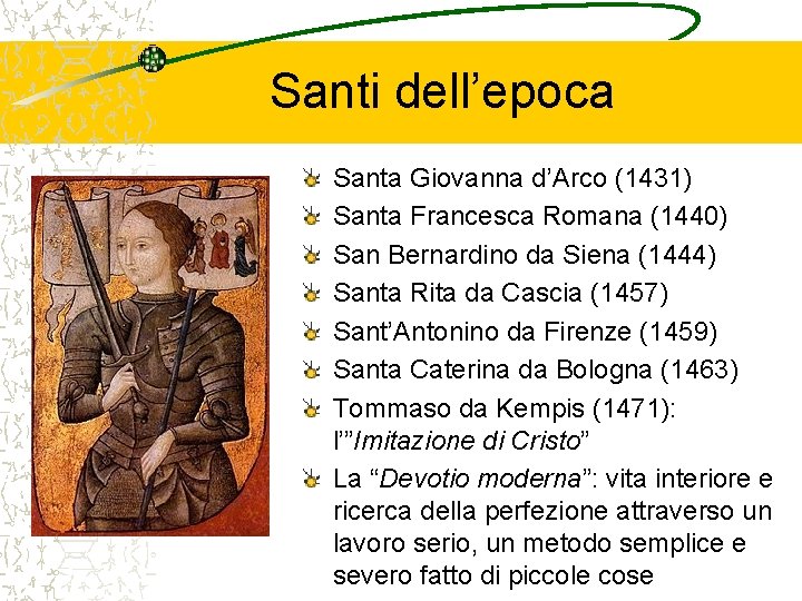 Santi dell’epoca Santa Giovanna d’Arco (1431) Santa Francesca Romana (1440) San Bernardino da Siena