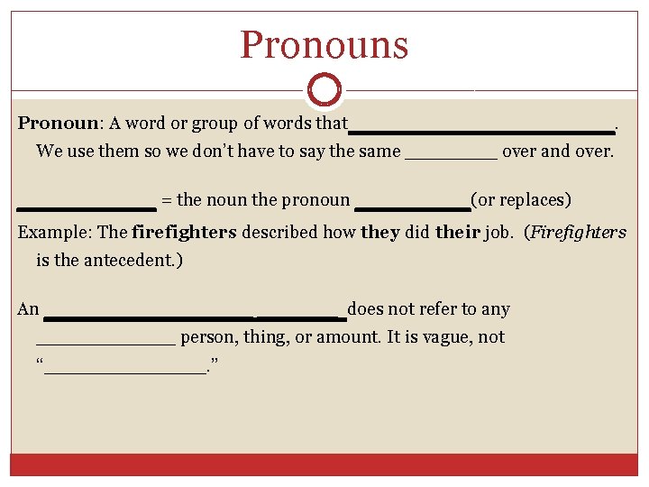 Pronouns Pronoun: A word or group of words that____________. We use them so we