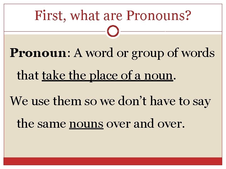First, what are Pronouns? Pronoun: A word or group of words that take the