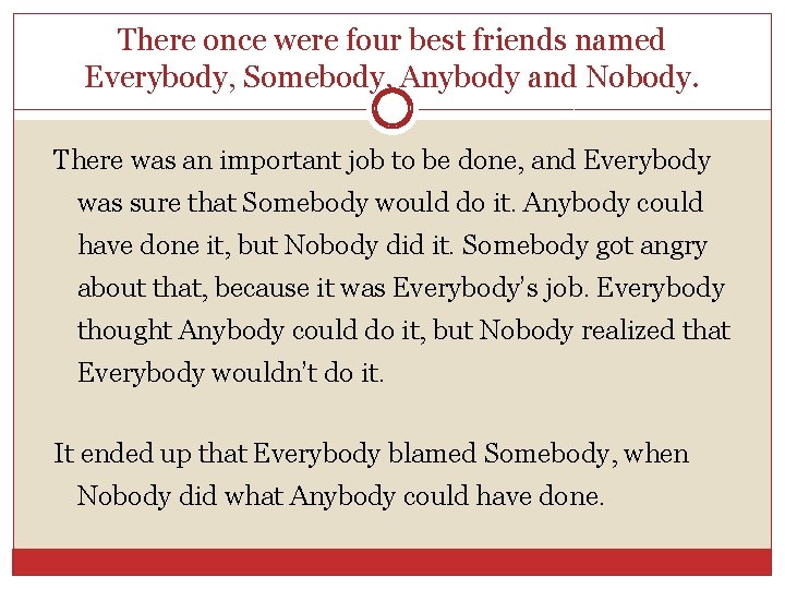 There once were four best friends named Everybody, Somebody, Anybody and Nobody. There was