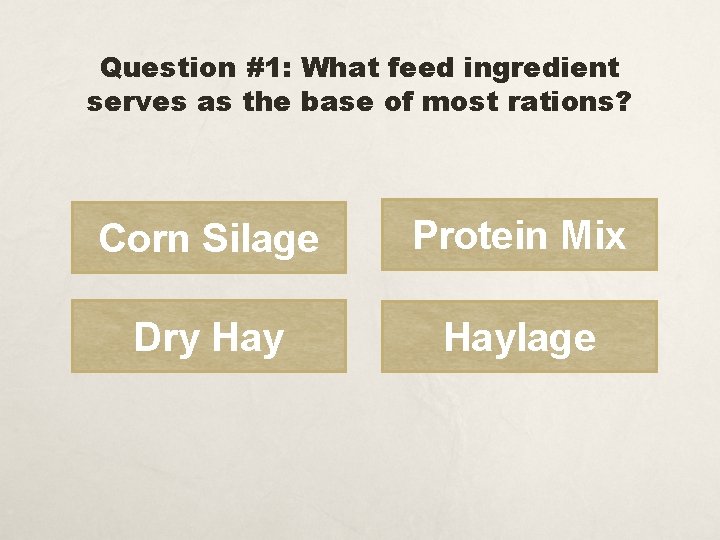 Question #1: What feed ingredient serves as the base of most rations? Corn Silage