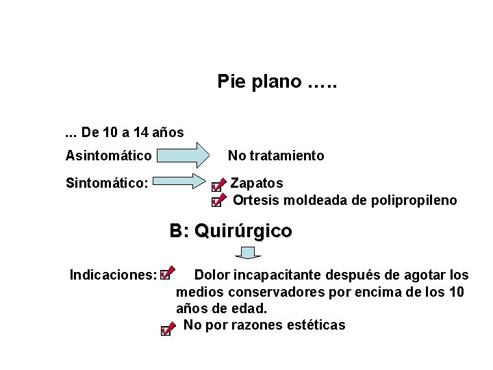 Pie plano …. . . De 10 a 14 años Asintomático No tratamiento Sintomático: