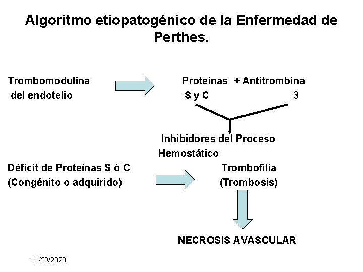 Algoritmo etiopatogénico de la Enfermedad de Perthes. Trombomodulina del endotelio Déficit de Proteínas S