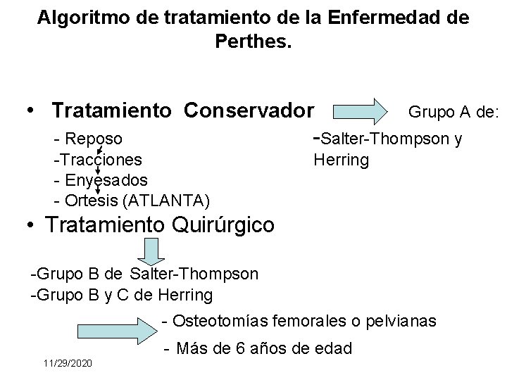 Algoritmo de tratamiento de la Enfermedad de Perthes. • Tratamiento Conservador Grupo A de: