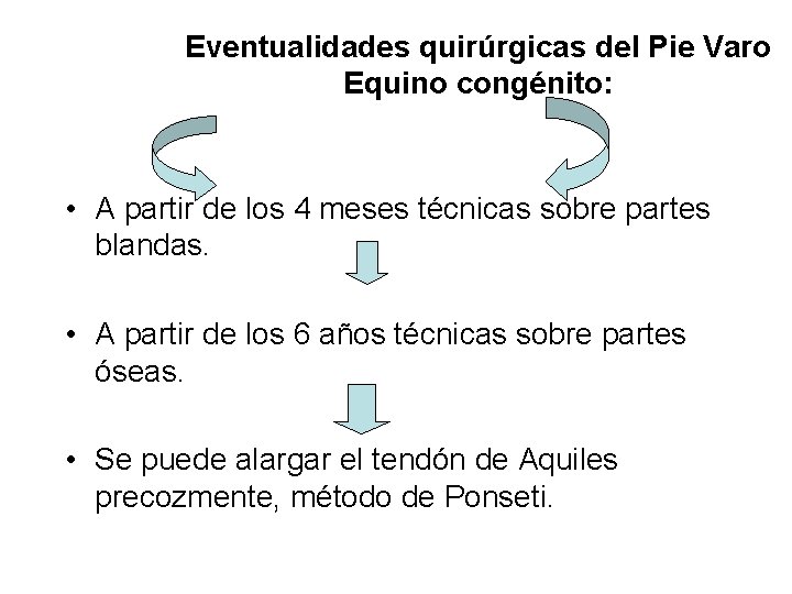 Eventualidades quirúrgicas del Pie Varo Equino congénito: • A partir de los 4 meses