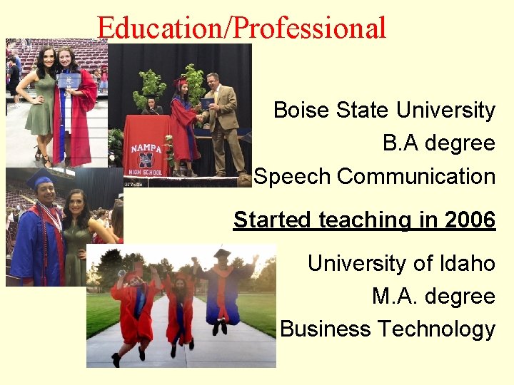 Education/Professional Boise State University B. A degree Speech Communication Started teaching in 2006 University
