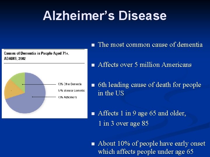 Alzheimer’s Disease n The most common cause of dementia n Affects over 5 million