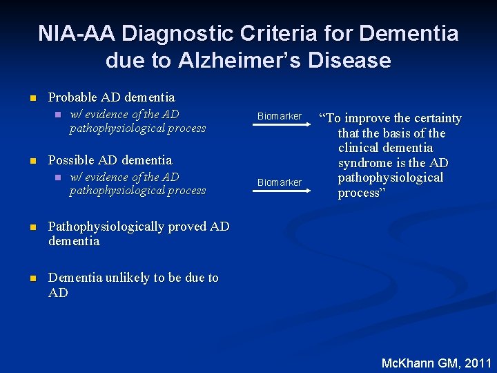 NIA-AA Diagnostic Criteria for Dementia due to Alzheimer’s Disease n Probable AD dementia n