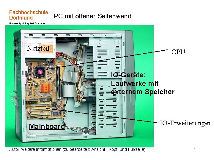 Fachhochschule Dortmund PC mit offener Seitenwand University of Applied Sciences Netzteil CPU IO-Geräte: Laufwerke