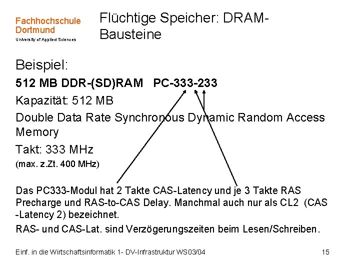 Fachhochschule Dortmund University of Applied Sciences Flüchtige Speicher: DRAMBausteine Beispiel: 512 MB DDR-(SD)RAM PC-333