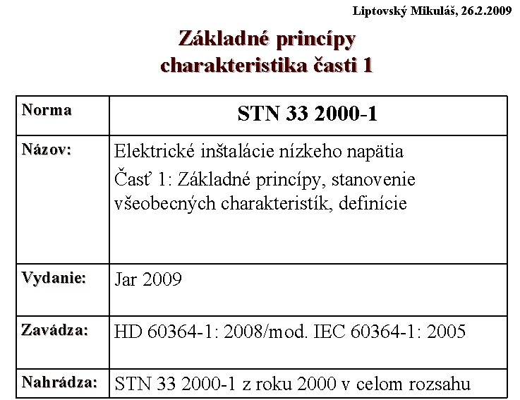 Liptovský Mikuláš, 26. 2. 2009 Základné princípy charakteristika časti 1 Norma STN 33 2000