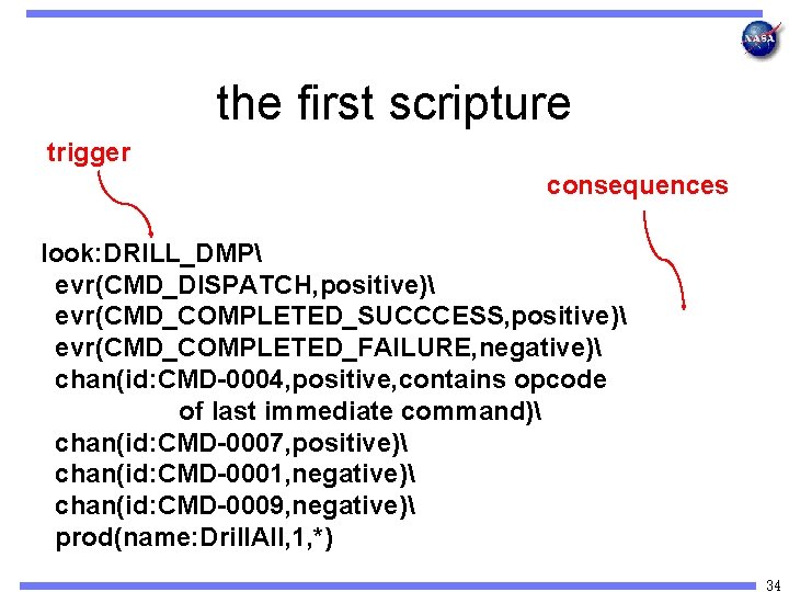 the first scripture trigger consequences look: DRILL_DMP evr(CMD_DISPATCH, positive) evr(CMD_COMPLETED_SUCCCESS, positive) evr(CMD_COMPLETED_FAILURE, negative) chan(id: