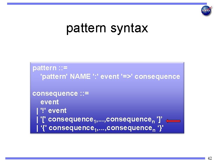 pattern syntax pattern : : = 'pattern' NAME ': ' event '=>' consequence :