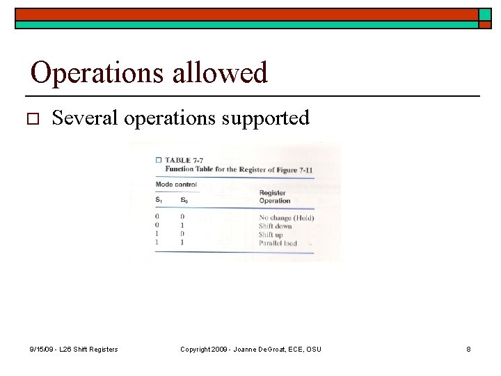 Operations allowed o Several operations supported 9/15/09 - L 26 Shift Registers Copyright 2009