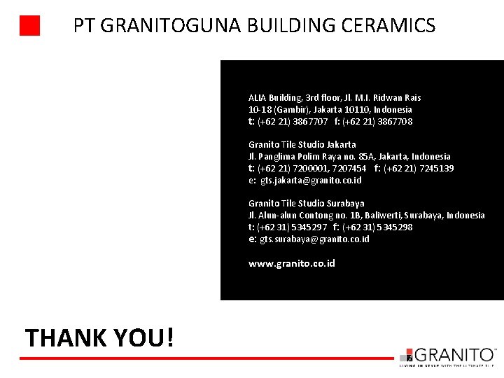 PT GRANITOGUNA BUILDING CERAMICS ALIA Building, 3 rd floor, Jl. M. I. Ridwan Rais
