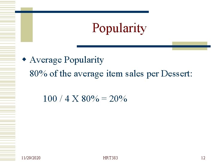 Popularity w Average Popularity 80% of the average item sales per Dessert: 100 /