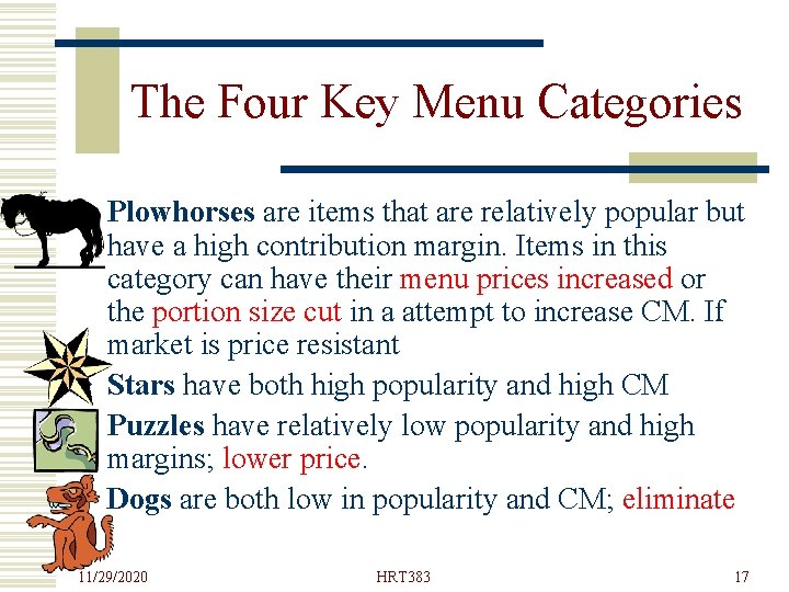 The Four Key Menu Categories w Plowhorses are items that are relatively popular but