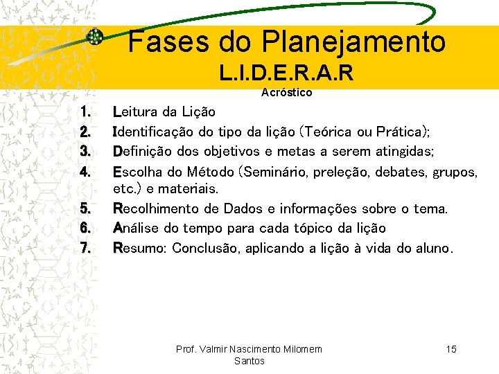 Fases do Planejamento L. I. D. E. R. A. R Acróstico 1. 2. 3.