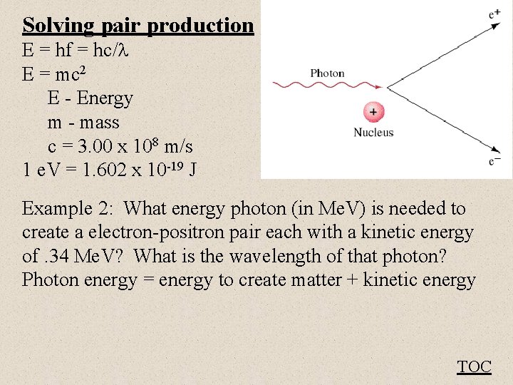 Solving pair production E = hf = hc/ E = mc 2 E -