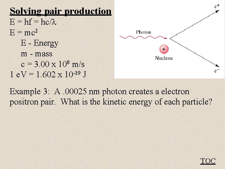 Solving pair production E = hf = hc/ E = mc 2 E -