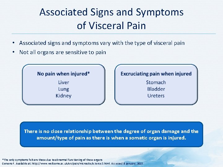 Associated Signs and Symptoms of Visceral Pain • Associated signs and symptoms vary with