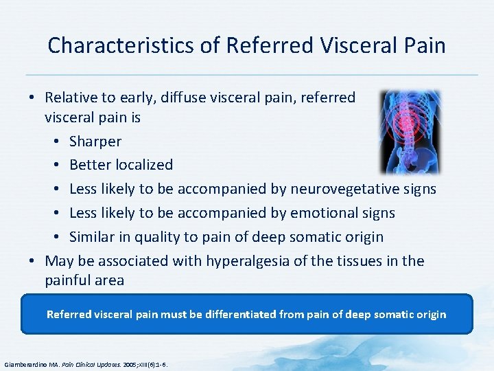 Characteristics of Referred Visceral Pain • Relative to early, diffuse visceral pain, referred visceral