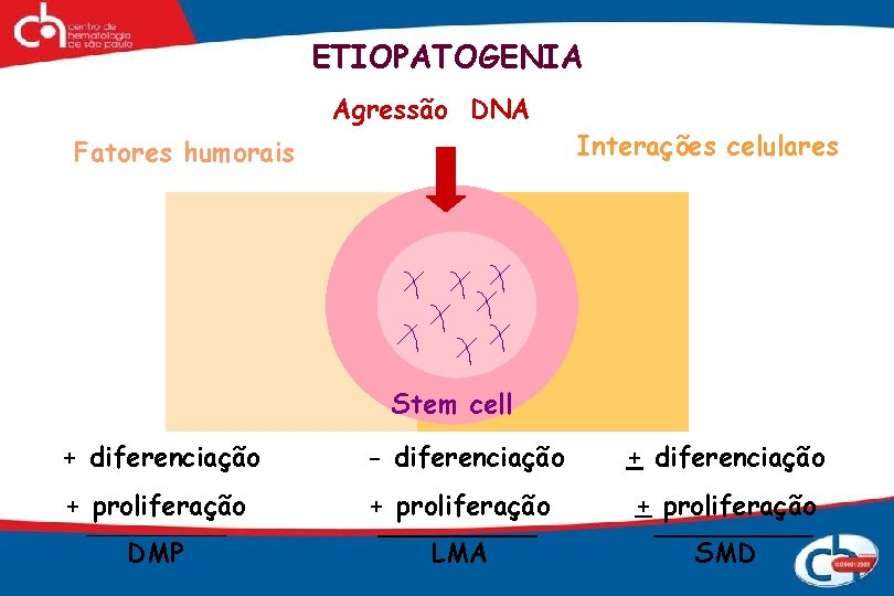 ETIOPATOGENIA Agressão DNA Fatores humorais Interações celulares Stem cell + diferenciação - diferenciação +