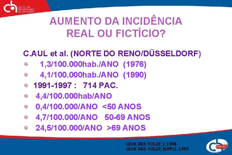 AUMENTO DA INCIDÊNCIA REAL OU FICTÍCIO? C. AUL et al. (NORTE DO RENO/DÜSSELDORF) 1,
