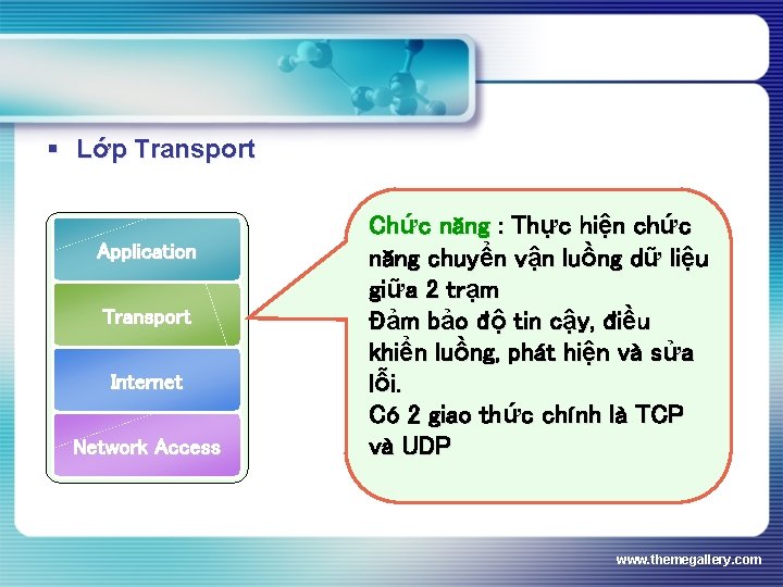 § Lớp Transport Application Transport Add. Internet Your Text Network Access Chức năng :