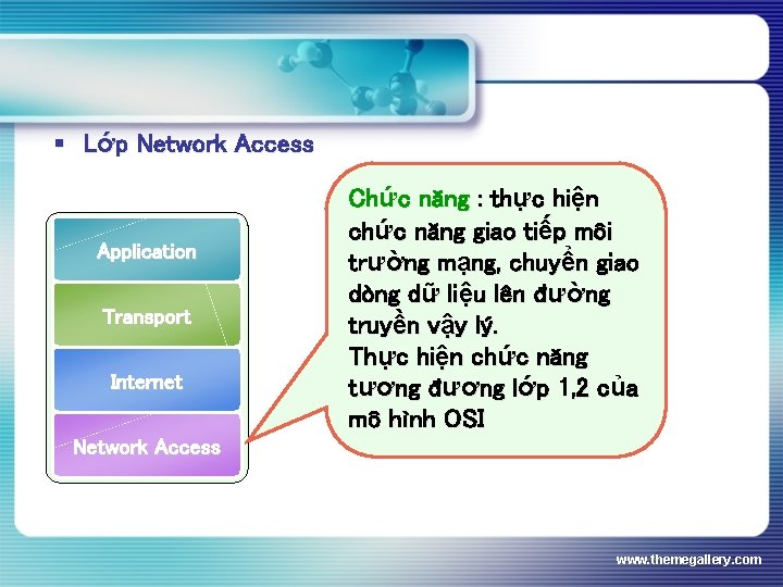 § Lớp Network Access Application Transport Add. Internet Your Text Chức năng : thực