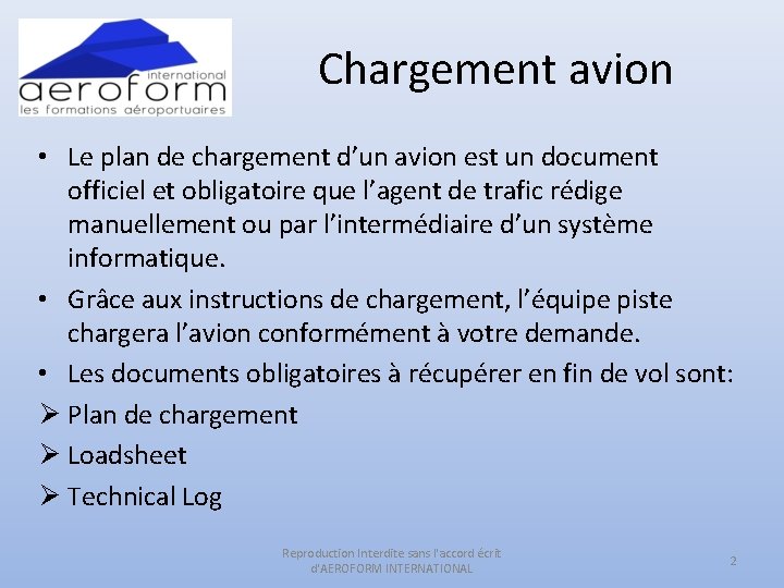 Chargement avion • Le plan de chargement d’un avion est un document officiel et