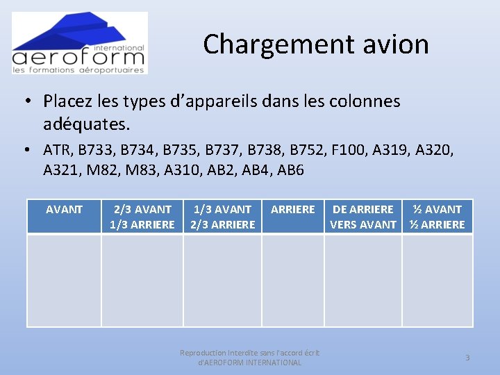 Chargement avion • Placez les types d’appareils dans les colonnes adéquates. • ATR, B