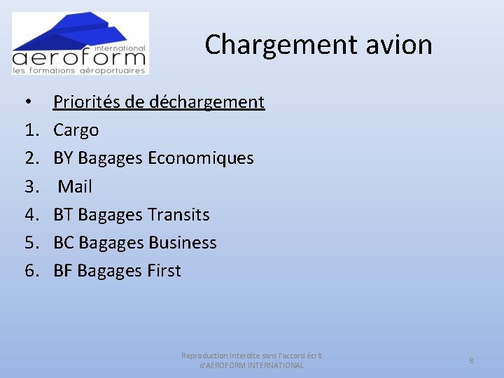 Chargement avion • 1. 2. 3. 4. 5. 6. Priorités de déchargement Cargo BY