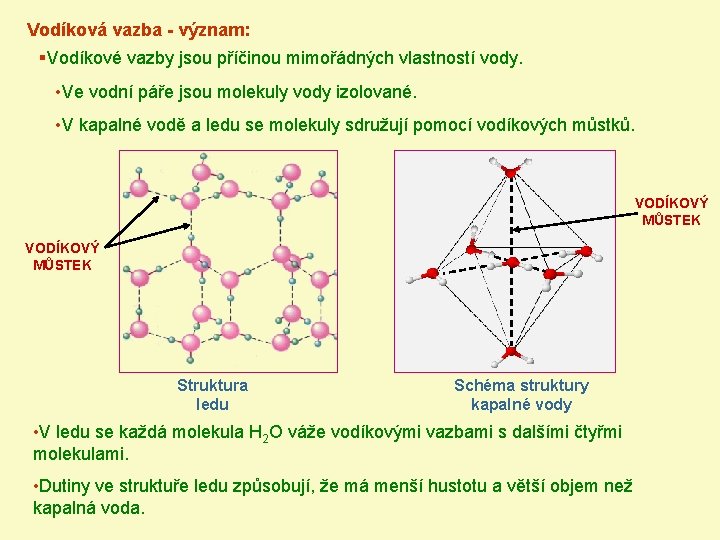 Vodíková vazba - význam: §Vodíkové vazby jsou příčinou mimořádných vlastností vody. • Ve vodní