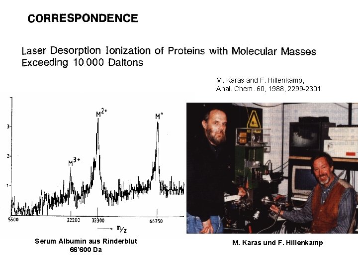 M. Karas and F. Hillenkamp, Anal. Chem. 60, 1988, 2299 -2301. Serum Albumin aus