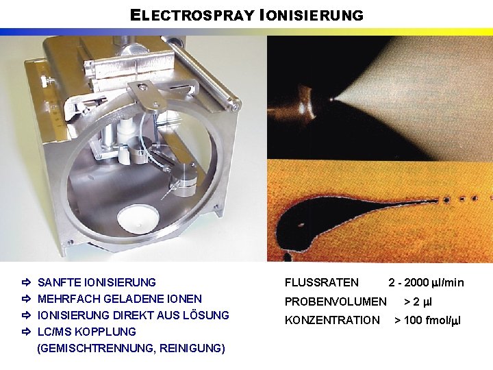 ELECTROSPRAY IONISIERUNG SANFTE IONISIERUNG FLUSSRATEN MEHRFACH GELADENE IONEN IONISIERUNG DIREKT AUS LÖSUNG LC/MS KOPPLUNG