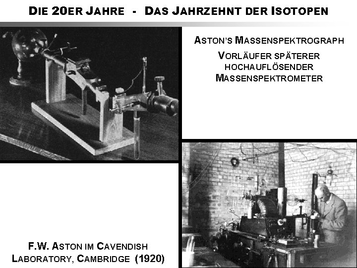 DIE 20 ER JAHRE - DAS JAHRZEHNT DER ISOTOPEN ASTON’S MASSENSPEKTROGRAPH VORLÄUFER SPÄTERER HOCHAUFLÖSENDER