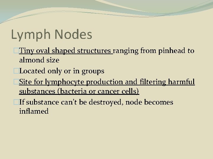 Lymph Nodes �Tiny oval shaped structures ranging from pinhead to almond size �Located only