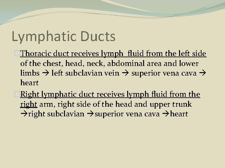 Lymphatic Ducts �Thoracic duct receives lymph fluid from the left side of the chest,